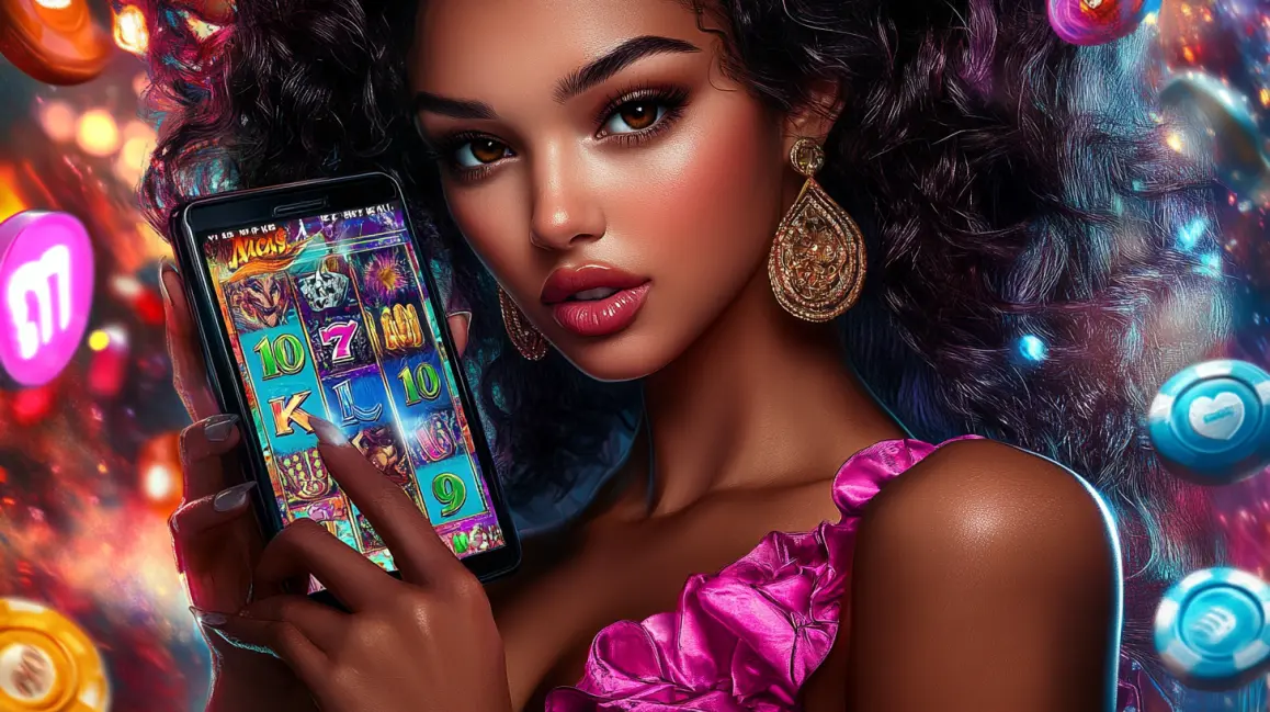  A glamorous woman with curly hair holds a smartphone showing a vibrant slot game, with dice and chips floating around, inviting you to play exciting mobile casino games at JILI16.