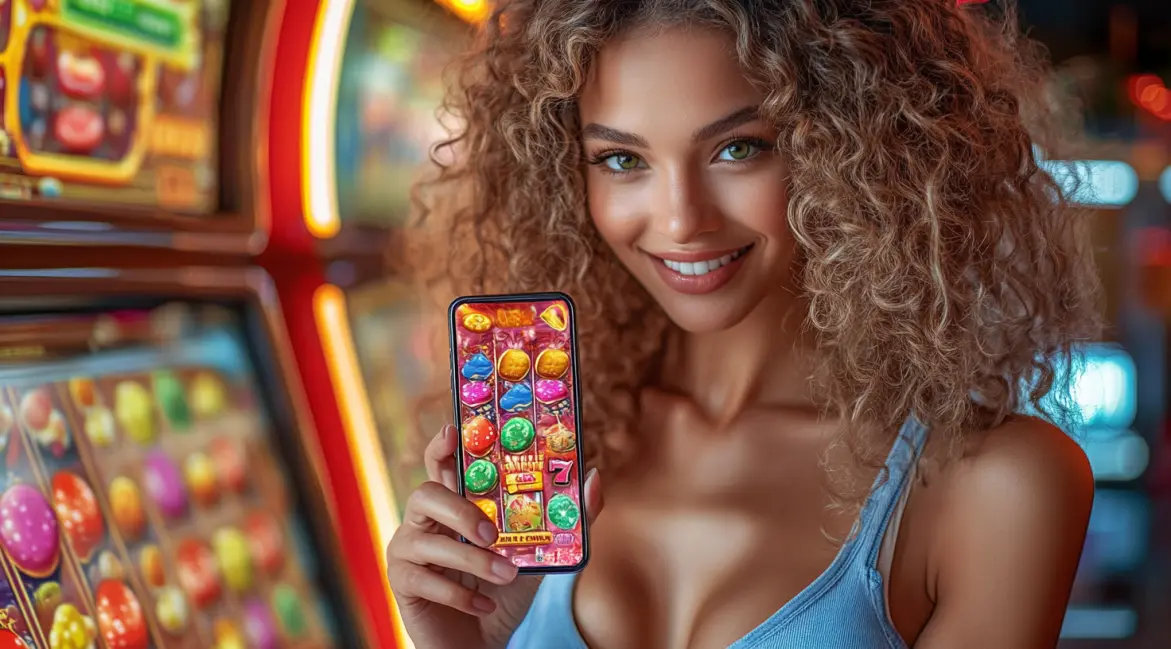 A woman with curly hair holds a phone showing a classic fruit slot, blending a retro vibe with modern mobile gaming convenience, all available on the JILI16 app.