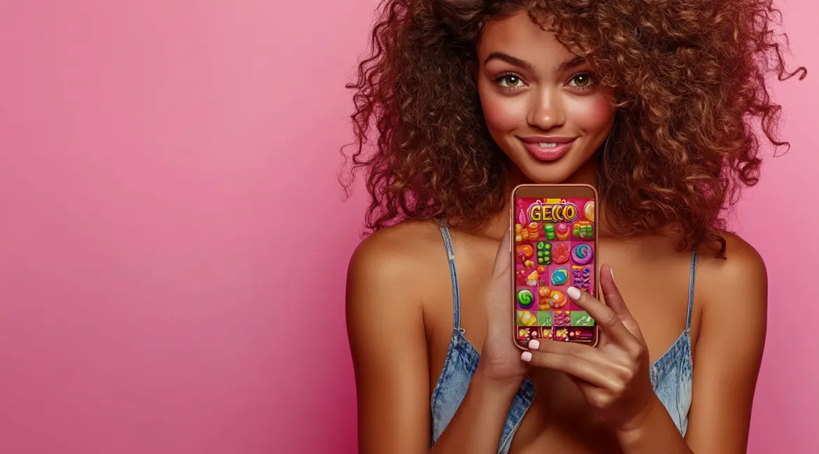 A smiling woman with curly hair holds a phone showing a 'GECCO' themed slot game, one of the many fun and colorful mobile games you can play for big wins on the JILI16 app.