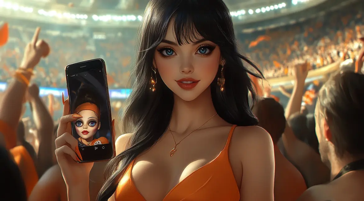 A woman holds a phone showing a candy-themed slot game, surrounded by a cosmic swirl of sweets, inviting you to a universe of delicious wins at JILI16.