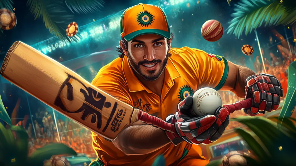 A handsome cricket player in a tropical setting represents the international cricket matches from around the world that you can bet on with the JILI16 sports app.