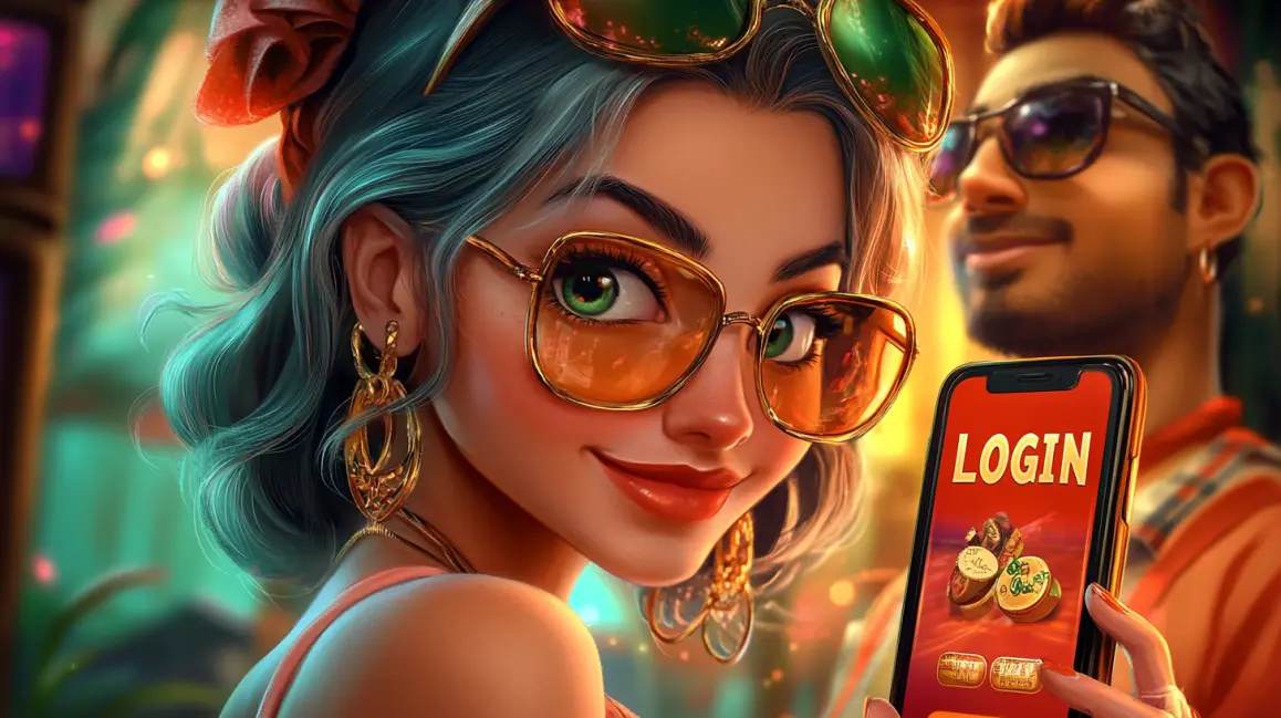 A stylish woman with blue hair and sunglasses holds a phone with a 'LOGIN' button, inviting you to sign in to your JILI16 account for a fun and rewarding tropical gaming session.