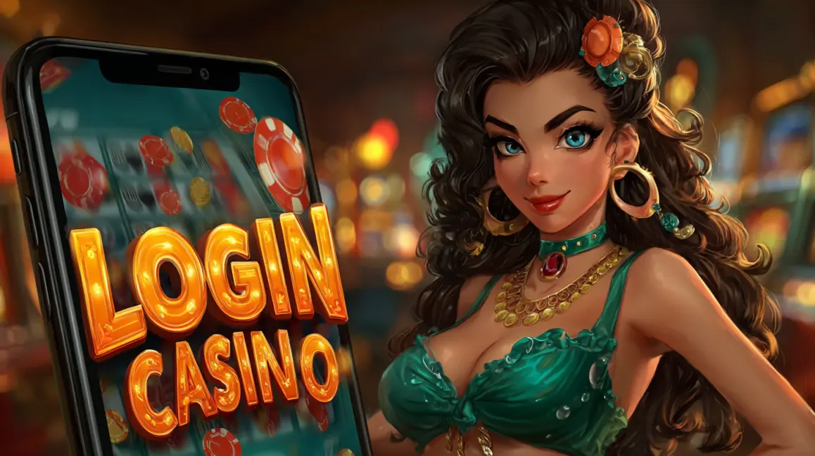 An animated woman is framed by a phone screen showing a 'LOGIN CASINO' sign, inviting you to sign in to the fun and vibrant world of JILI16 online casino games.
